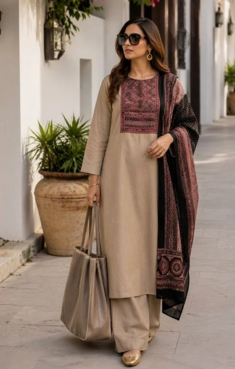 Kimakshi Premium fashion - Elegant Beige Suit, Palazzo & Dupatta for Women's