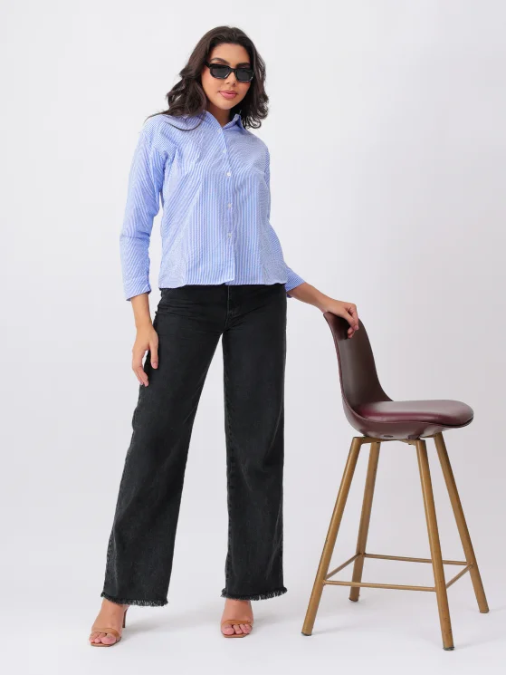 Women Blue Cotton Blend Regular Fit Shirt