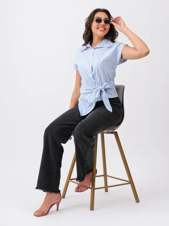 Women Casual Blue Striped Tie-Up Shirt