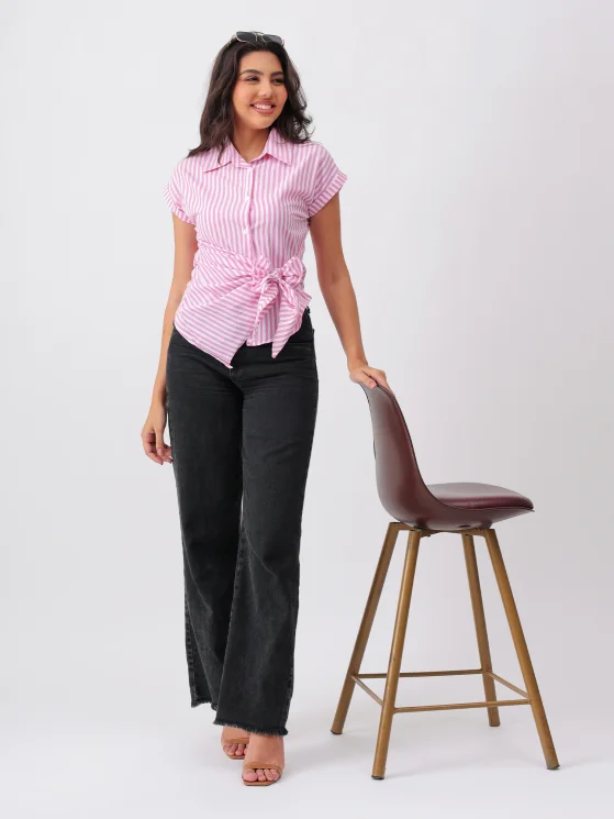Women Pink Striped Collared Western Top