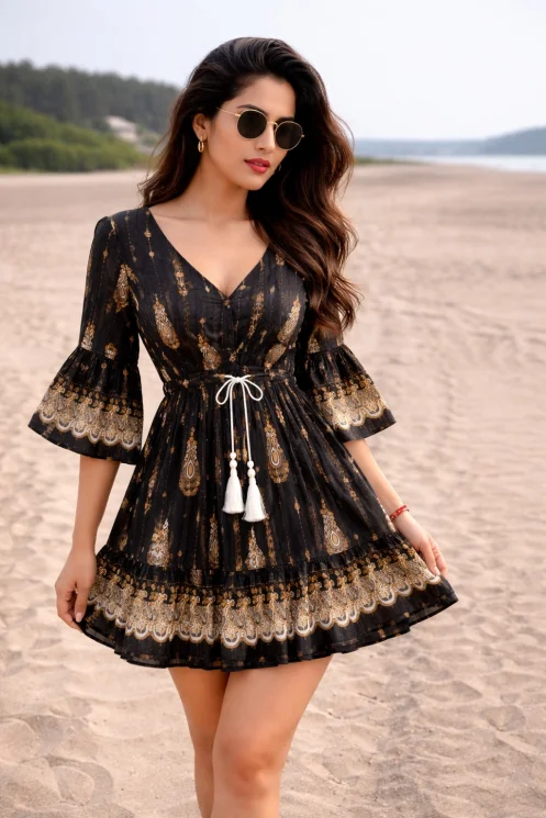 Women Black Printed Fit & Flare Dress