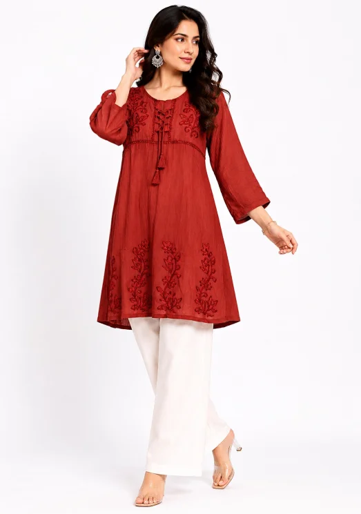 Women Floral Embroidered A-Line Kurti with Tassel Neck