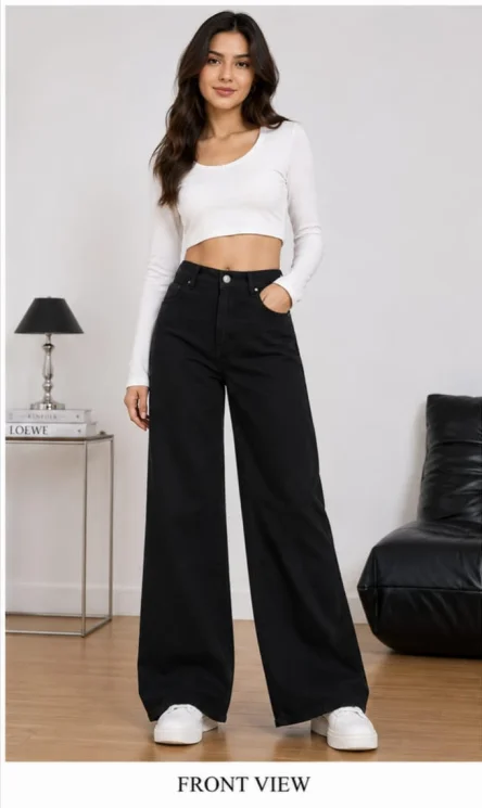 Women Black High Rise Wide Leg Jeans