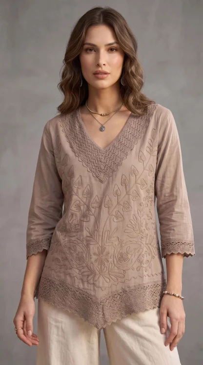 Women's Cotton Blend Embroidered Stylish Regular Fit Kurti Top